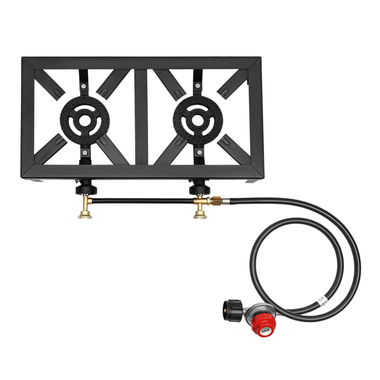 Portable Double Burner Outdoor Gas Stove Propane Cooker with Adjustable 0-10Psi Regulator Hose for Patio Camping, BBQ, Home