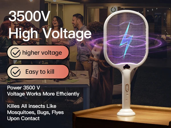 Electric Fly Swatter Racket 3500V buzzkick Bug Zapper Racket Dual Modes Mosquito Killer with Purple Mosquito Light Rechargeable